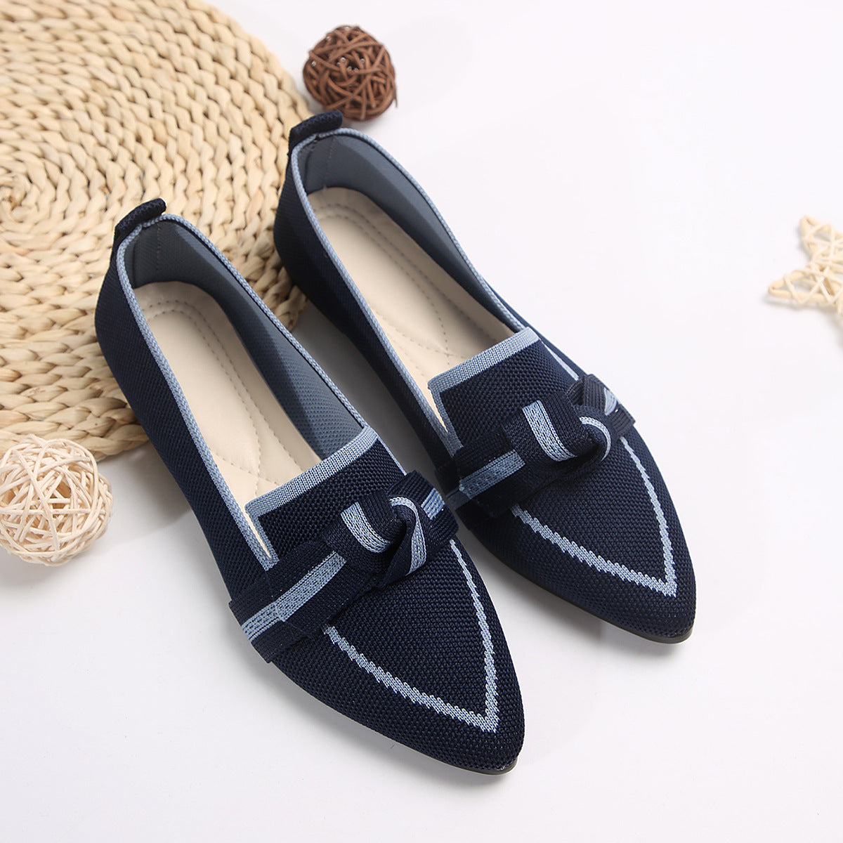Women’s Flat Shoes – Pointed Toe – Soft Knit – Slip-On with Knot Detail – Versatile Fit Royal Blue