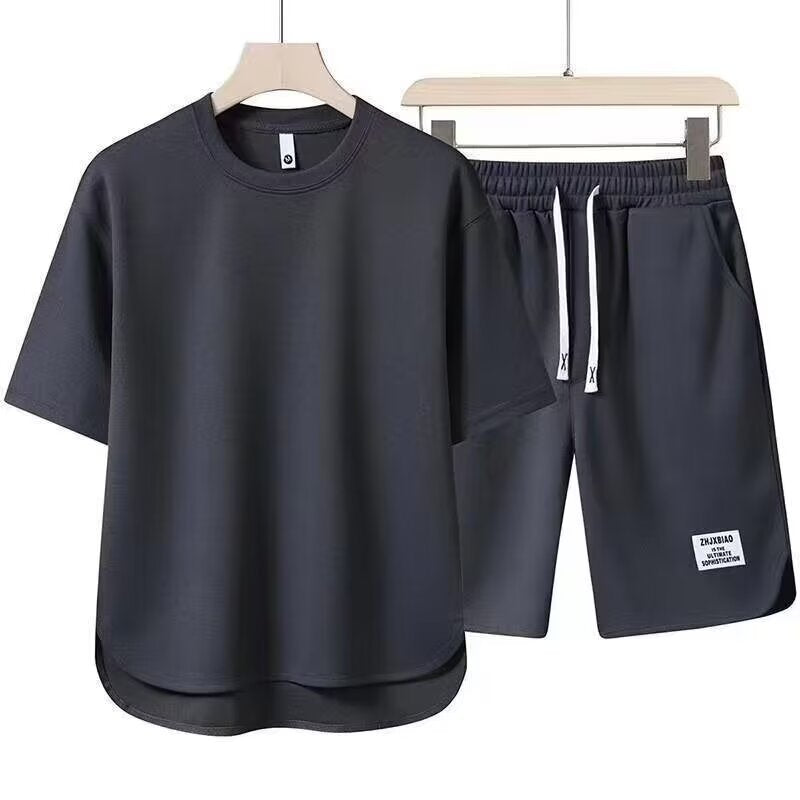 Men’s Athletic Set – Relaxed Fit – Short Sleeve Top & Drawstring Shorts – Breathable Set Dark Gray
