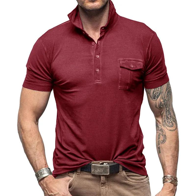 Men's Slim Fit Cotton Polo Shirt - Stand Collar Pocket - ModernEdge Wine Red