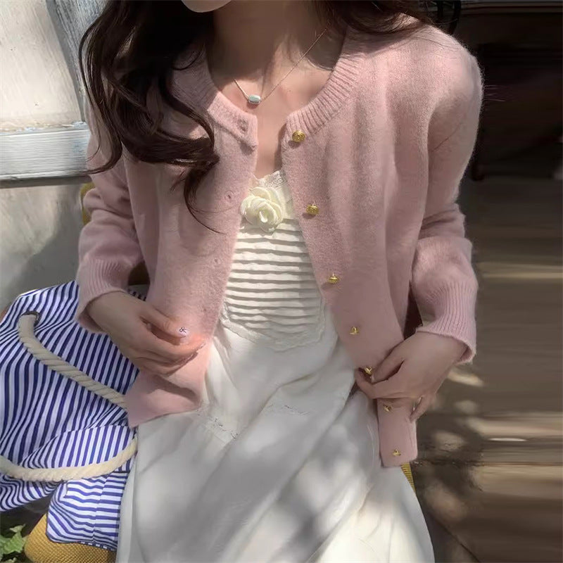 Women's Knitted Cardigan Retro Round Neck Elegant Gold Button - RetroChic Pink One Size