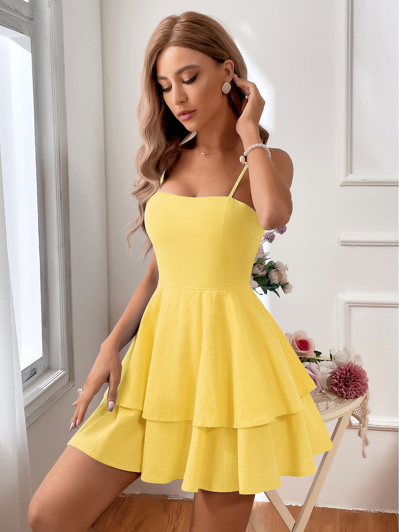 Women's Sleeveless Mini Dress - Flirty Backless Tiered A-Line - Summerflair Golden Yellow