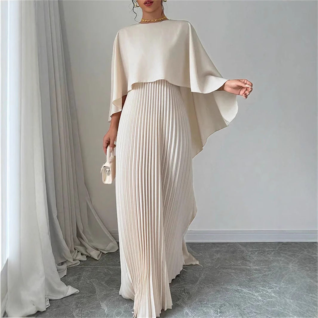 Women's Flowing Maxi Dress High Neck Batwing Sleeves - Batwing Belle Milky White