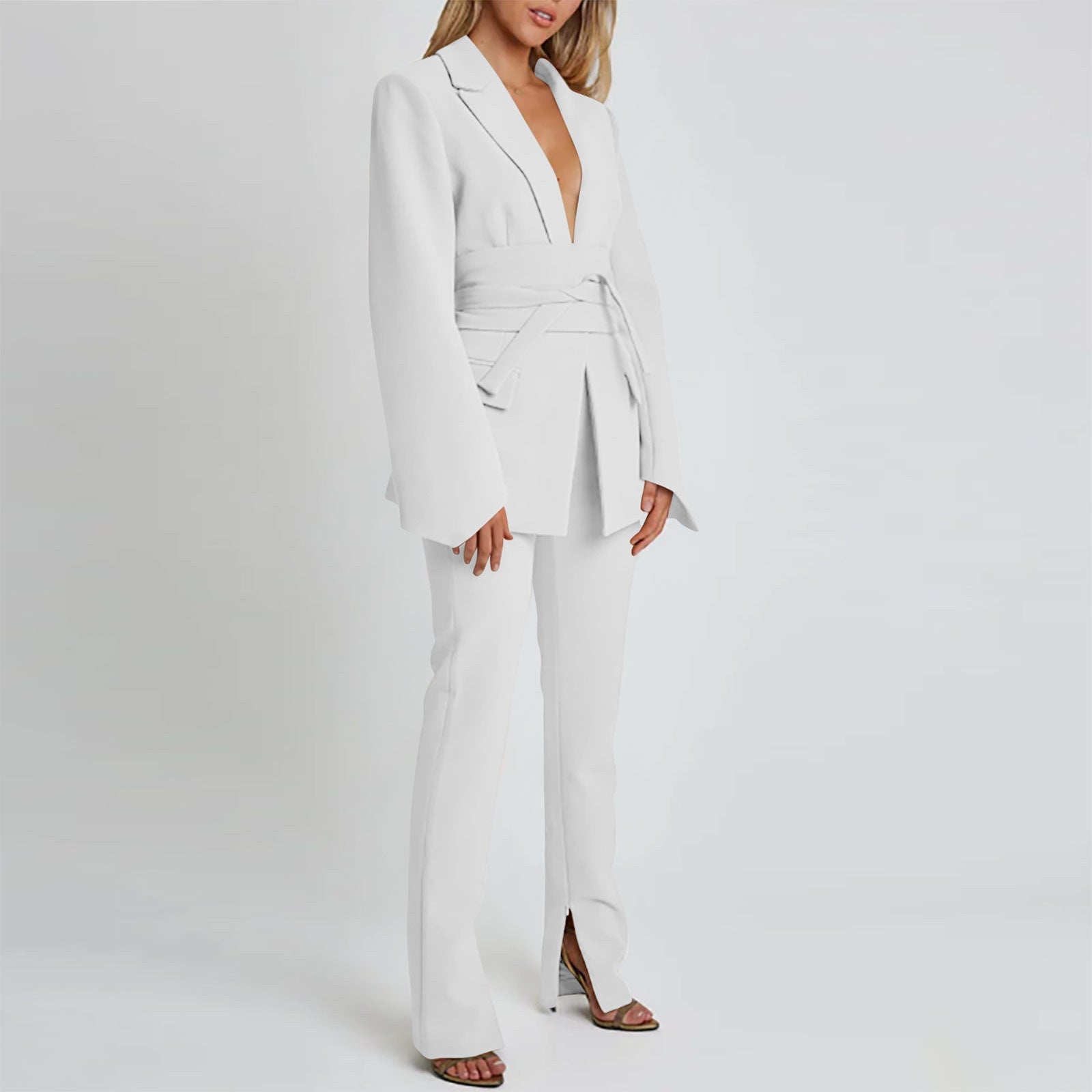 Longline Blazer for Women, Tailored Fit with Self-Tie - WaistDefined White Suit
