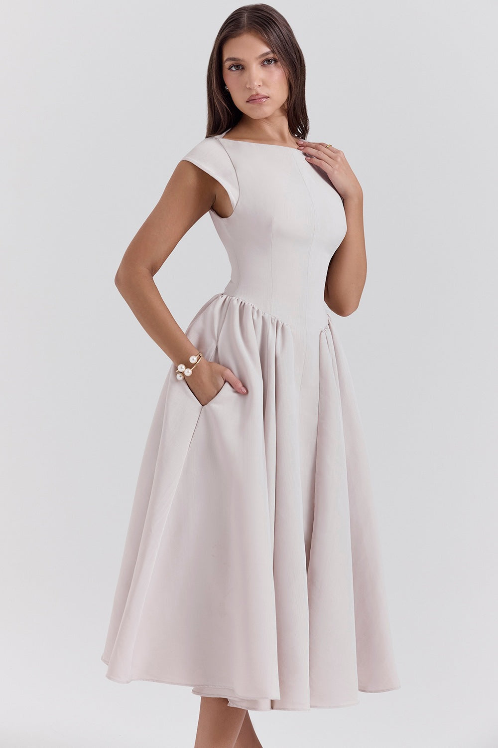 Elegant Satin Midi Dress for Women - High Society Light Grey