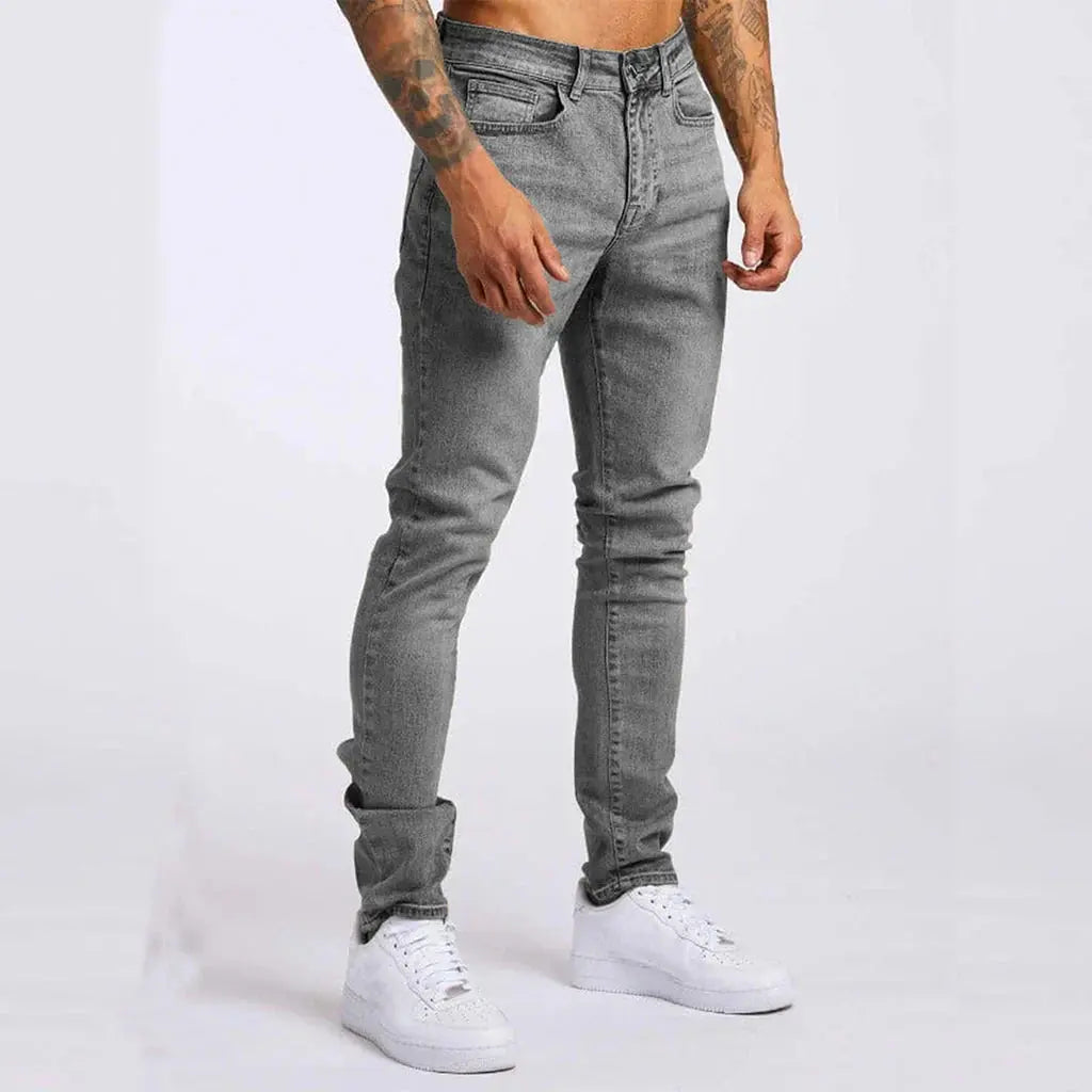 Men’s Slim Fit Jeans – Stretch Denim – Five Pocket – Full Length Casual Style Gray
