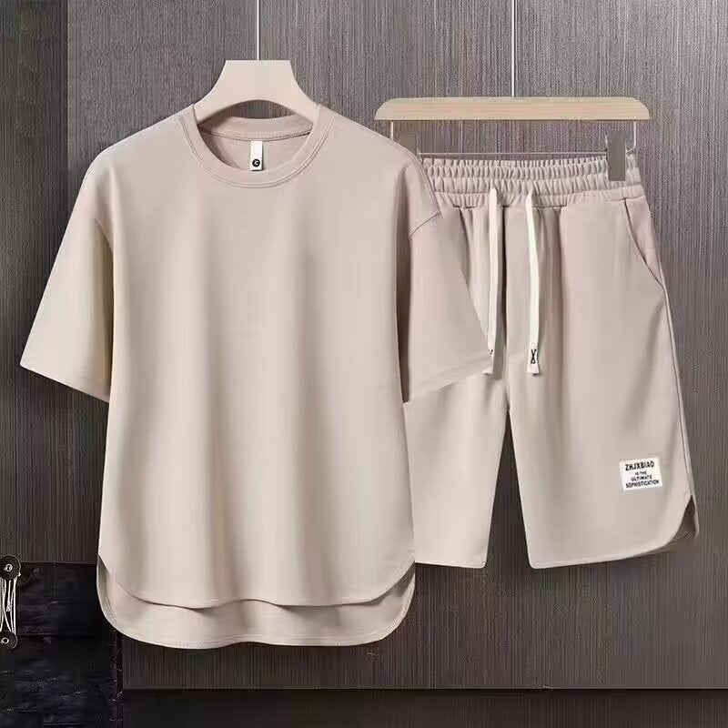 Men’s Athletic Set – Relaxed Fit – Short Sleeve Top & Drawstring Shorts – Breathable Set Apricot