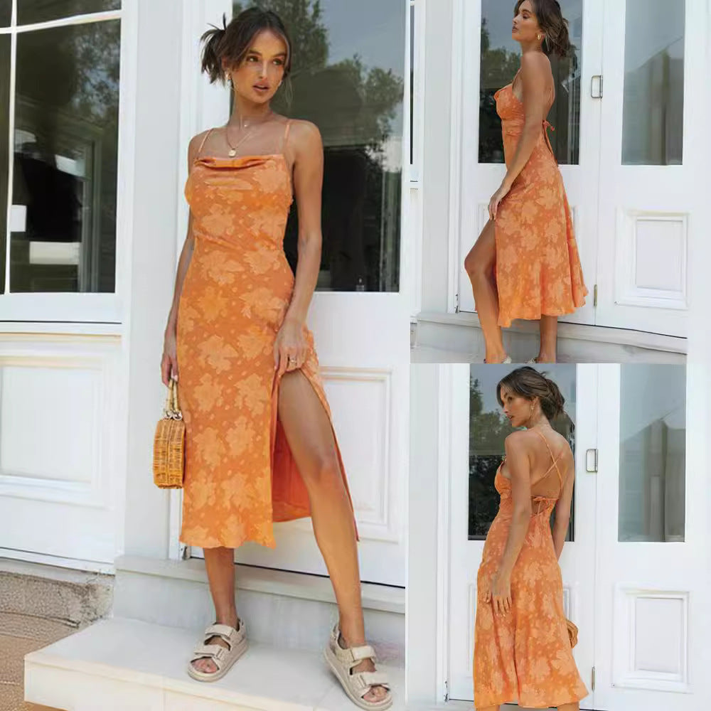 Women's Floral Midi Slip Dress - Cowl Neck, High Slit - LuxeFlow