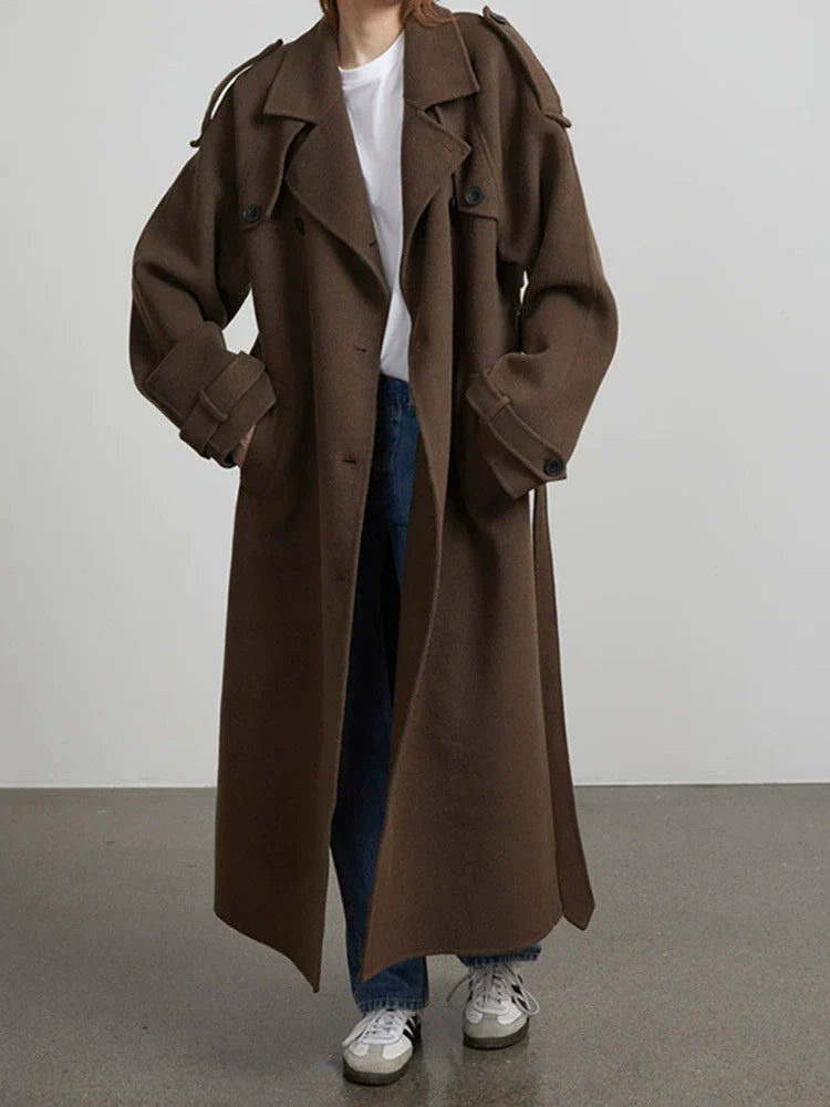Women's Wool Blend Trench Coat - Oversized Belted Style - UrbanChic Brown