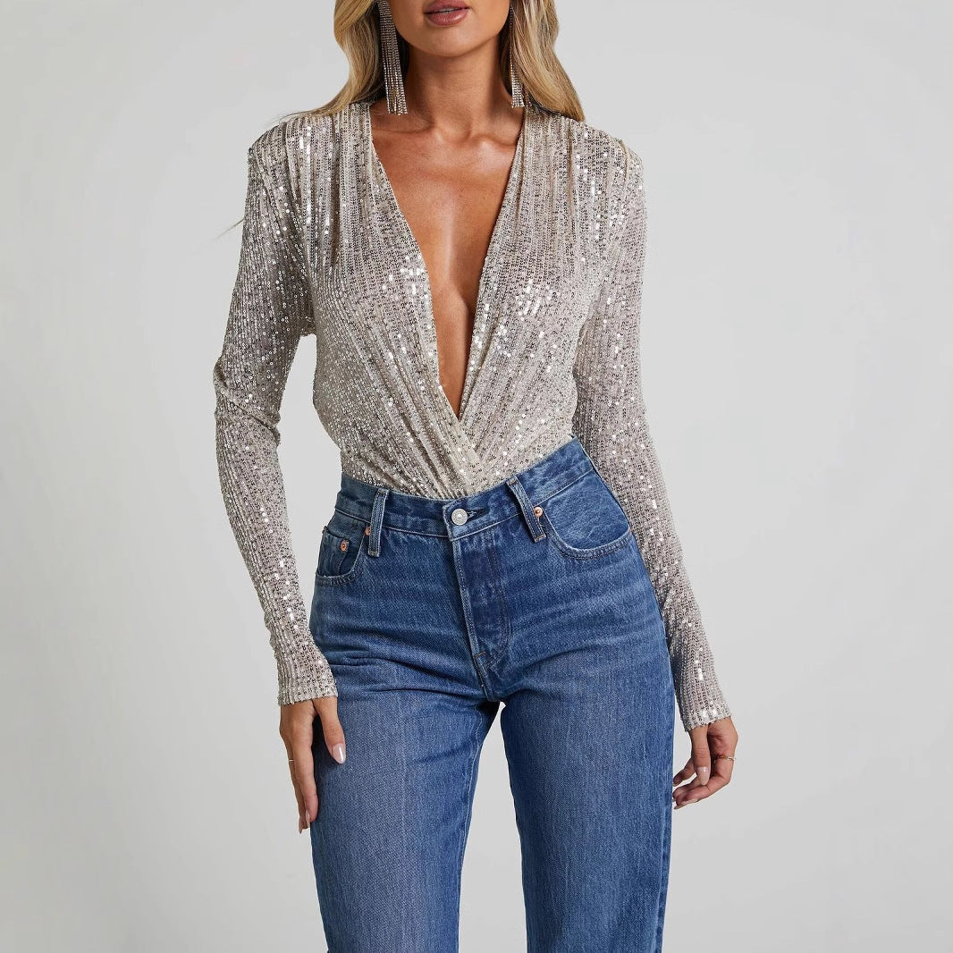 Women's Sequin Bodysuit - Deep V-Neck Long Sleeve Party Top - ShimmerGlam