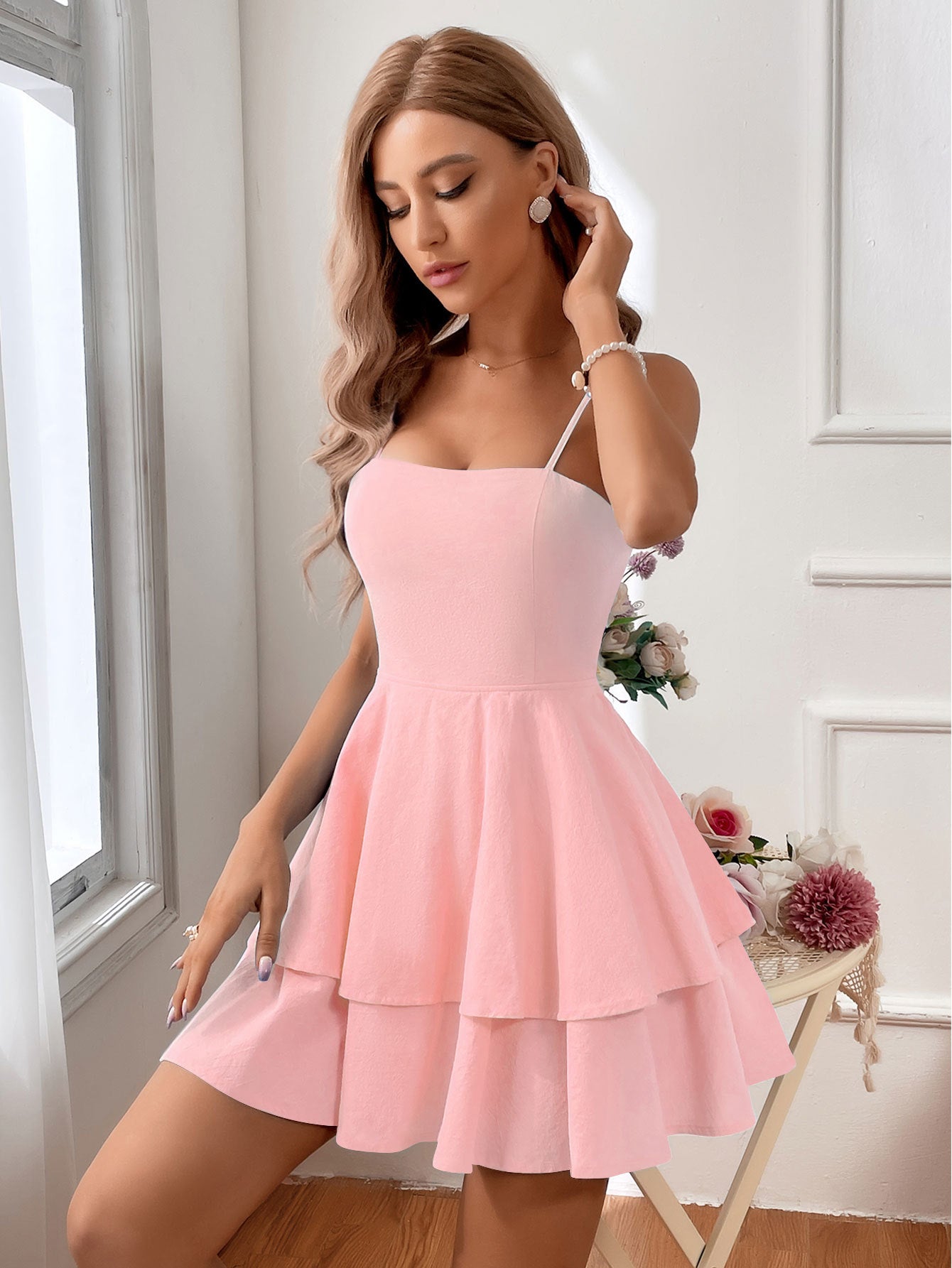 Women's Sleeveless Mini Dress - Flirty Backless Tiered A-Line - Summerflair Pink