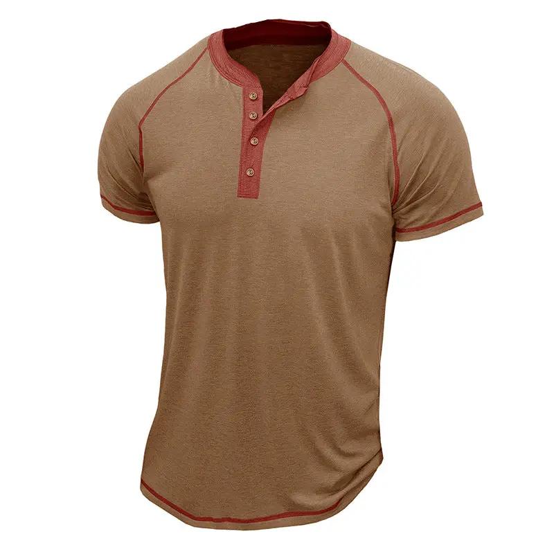 Men's Cotton Blend Henley Shirt Short Sleeve - StitchCraft Khaki