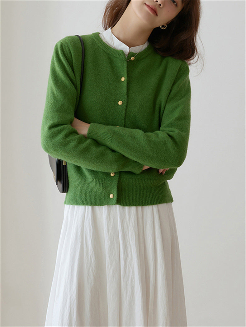 Women's Knitted Cardigan Retro Round Neck Elegant Gold Button - RetroChic Green One Size