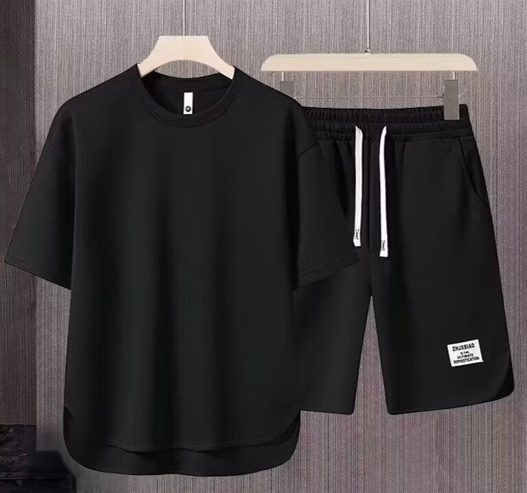 Men’s Athletic Set – Relaxed Fit – Short Sleeve Top & Drawstring Shorts – Breathable Set Black