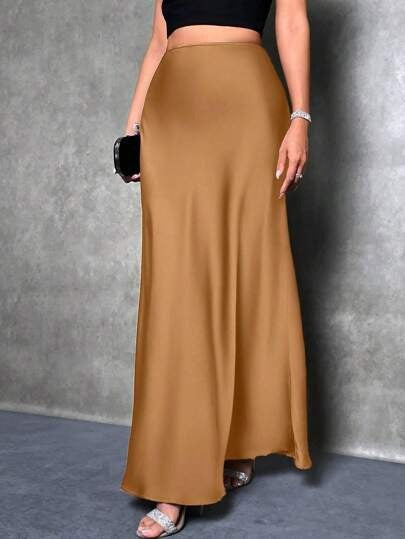Women's Satin Maxi Skirt - Elegant Flared Hem, SlimFit Dark Brown