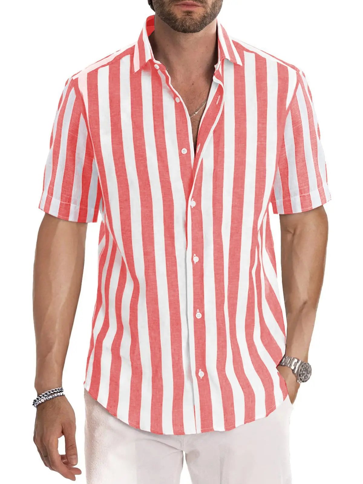 Men's Striped Button-Up Shirt - Relaxed Fit, Breathable - CoastalCool Red