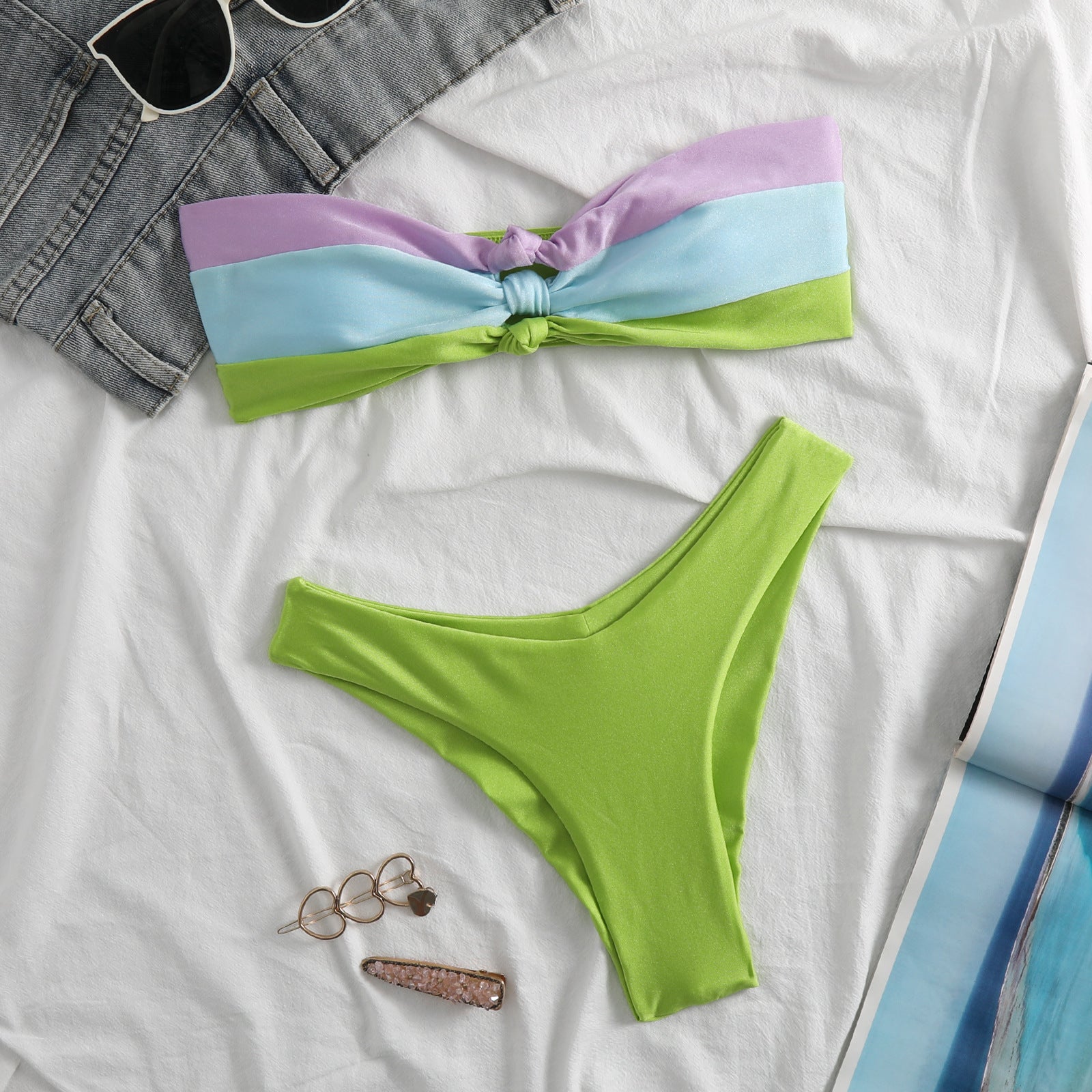 Women’s Bandeau Bikini – Knot Front – High-Cut Fit – Stretch Quick-Dry Fabric Olive green