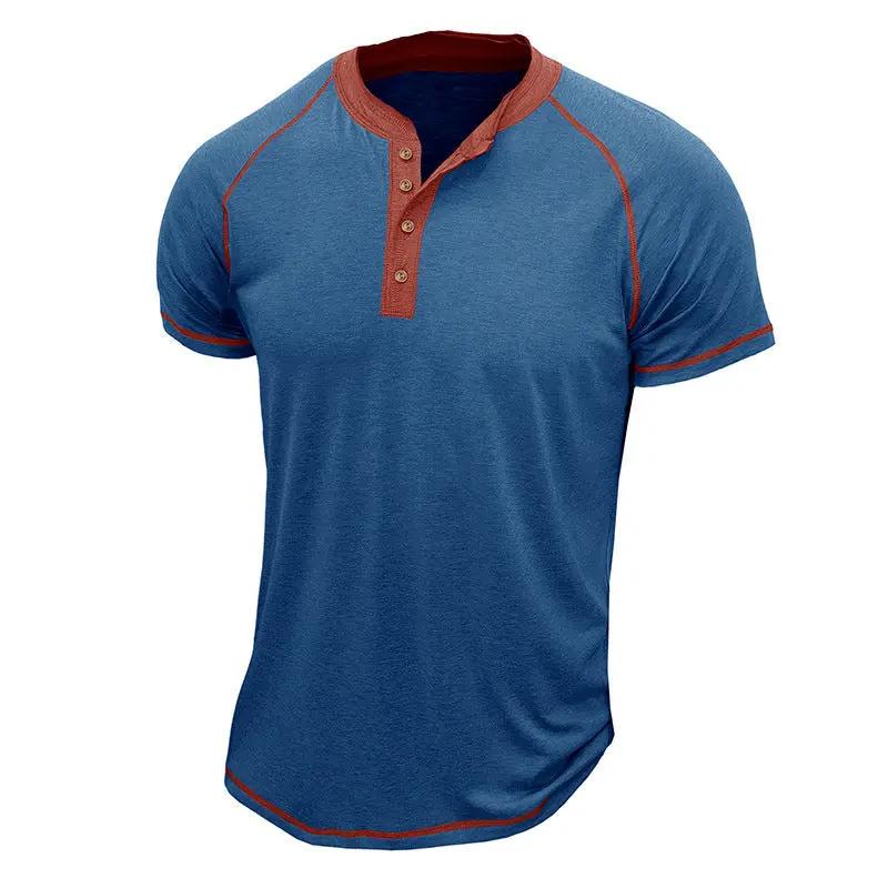 Men's Cotton Blend Henley Shirt Short Sleeve - StitchCraft Blue