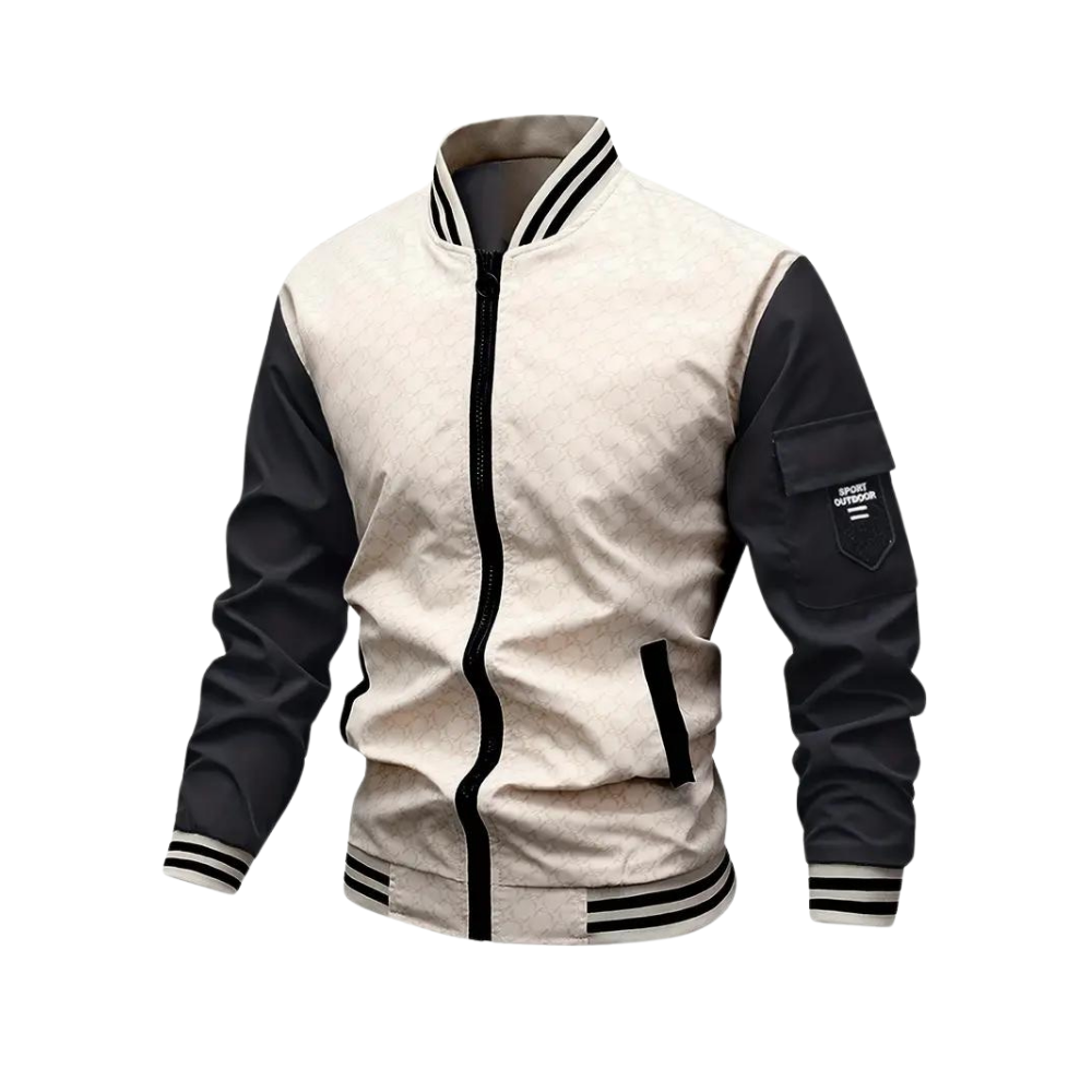 Men’s Bomber Jacket – Regular Fit – Zipper Front – Ribbed Trim – Patch Pocket Beige