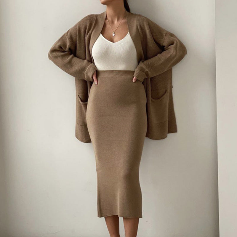 Women's Knitted Cardigan Set - Long Sleeve Open Front, Pocket Detail - CozyChic Brown