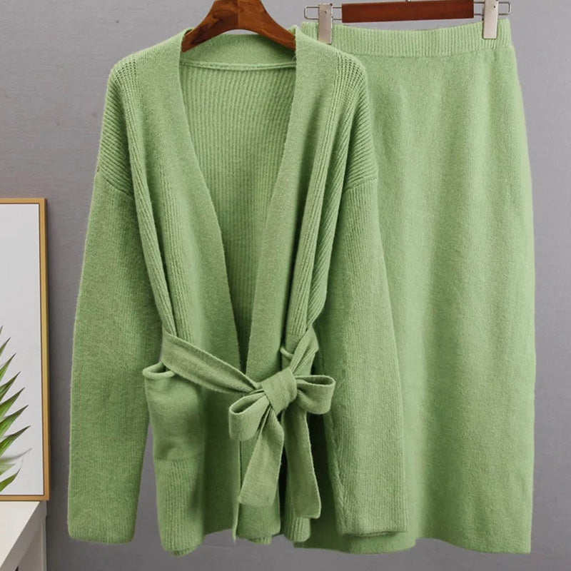 Women's Knitted Cardigan Set - Long Sleeve Open Front, Pocket Detail - CozyChic