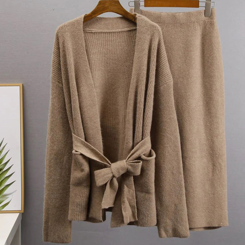 Women's Knitted Cardigan Set - Long Sleeve Open Front, Pocket Detail - CozyChic