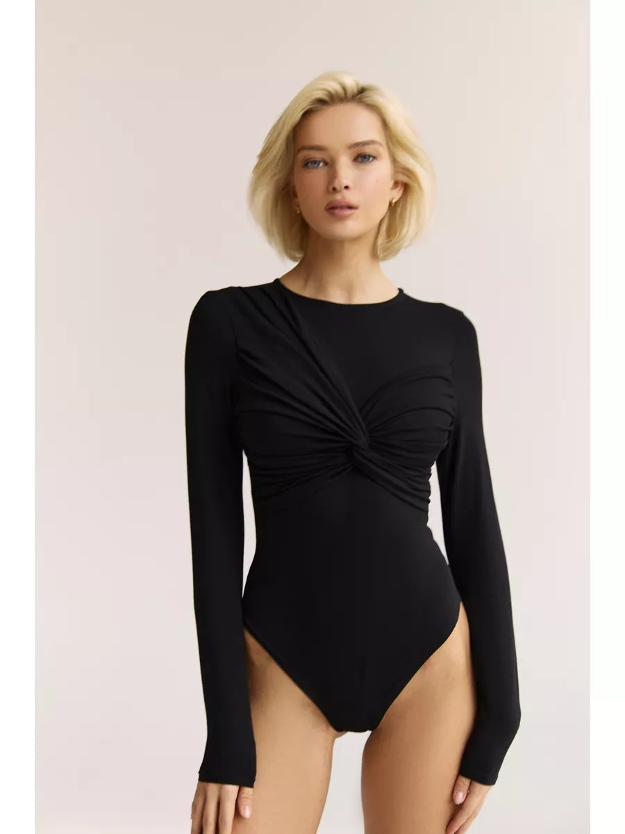 Women's Slim Fit Bodysuit Soft Stretch Ruched Long Sleeve - BodyGlam Black