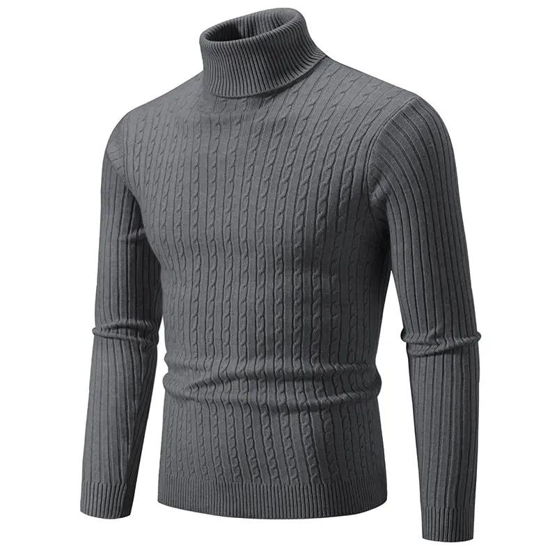 Men’s Turtleneck Sweater – Slim Fit – Wool Knit – Cable Pattern – Ribbed Hem