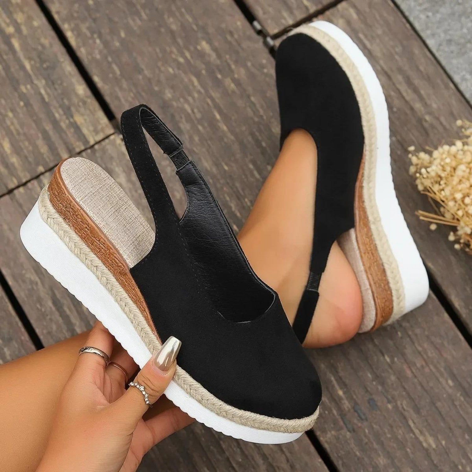 Suede Espadrille Wedge Sandals for Women - Urban Elegance Black