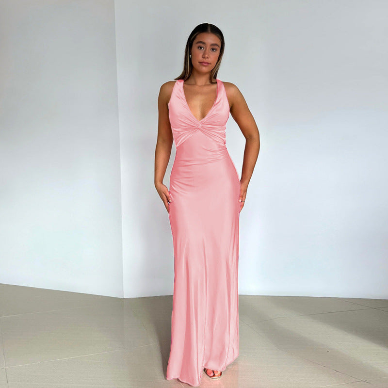 Women's Satin Maxi Dress Halter Neck - Evening Allure Pink