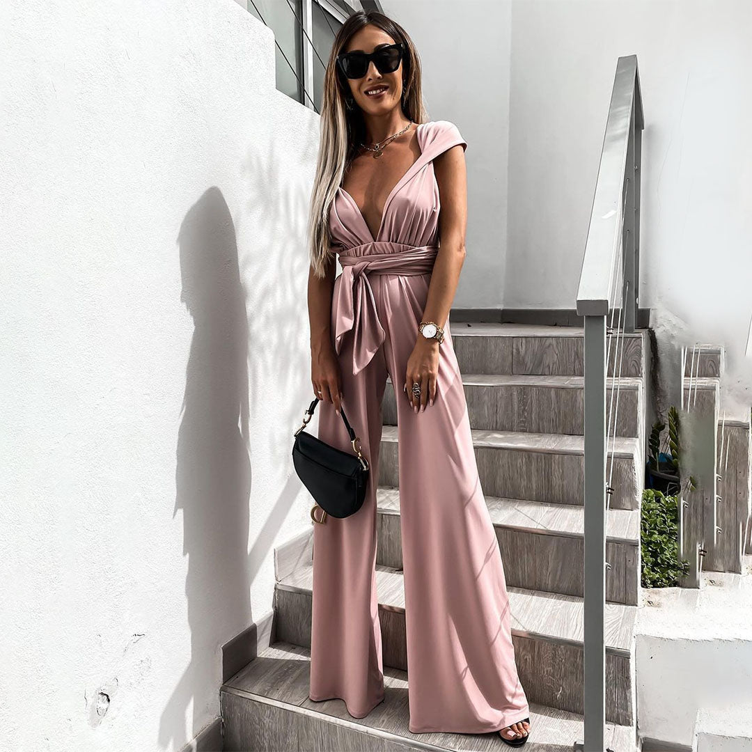 Women's Sleeveless V-Neck Jumpsuit Elegant Fit - StyleLuxe Pink