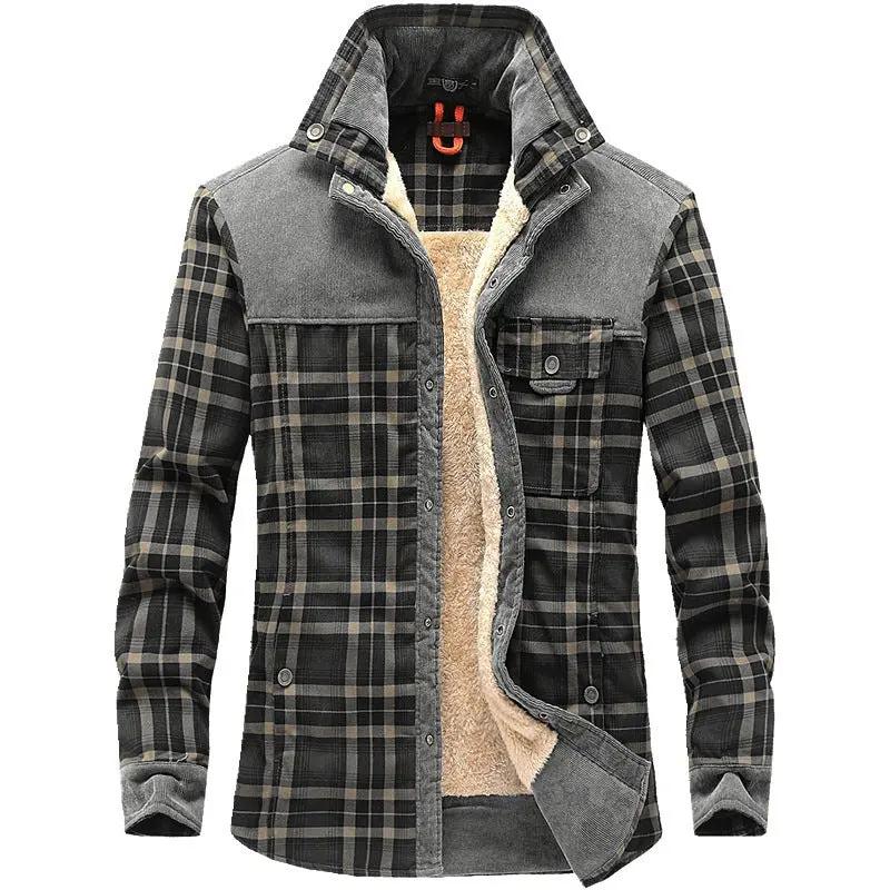 Men’s Jacket – Relaxed Fit – Wool Feel – Fleece Lined – Plaid – Button Front Gray
