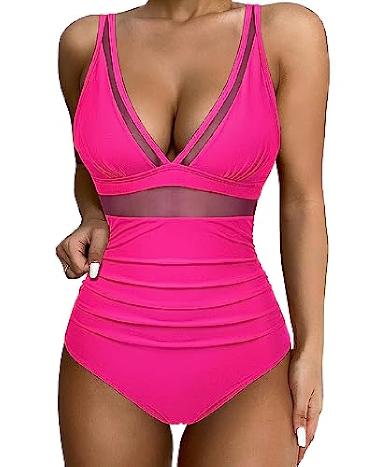 Women's Mesh Panel One-Piece Swimsuit - Flattering High-Cut - SeaSculpt Pink