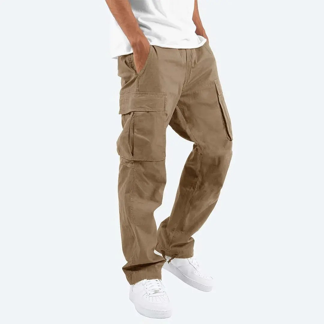 Men’s Cargo Trousers – Relaxed Fit – Straight Leg – Cotton Blend – Utility Pockets Khaki