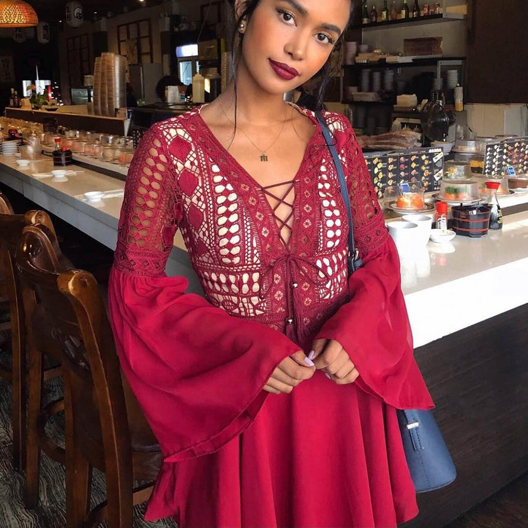 Women's Flowy A-Line Mini Dress Lace-Up V-Neck - LayeredCharm