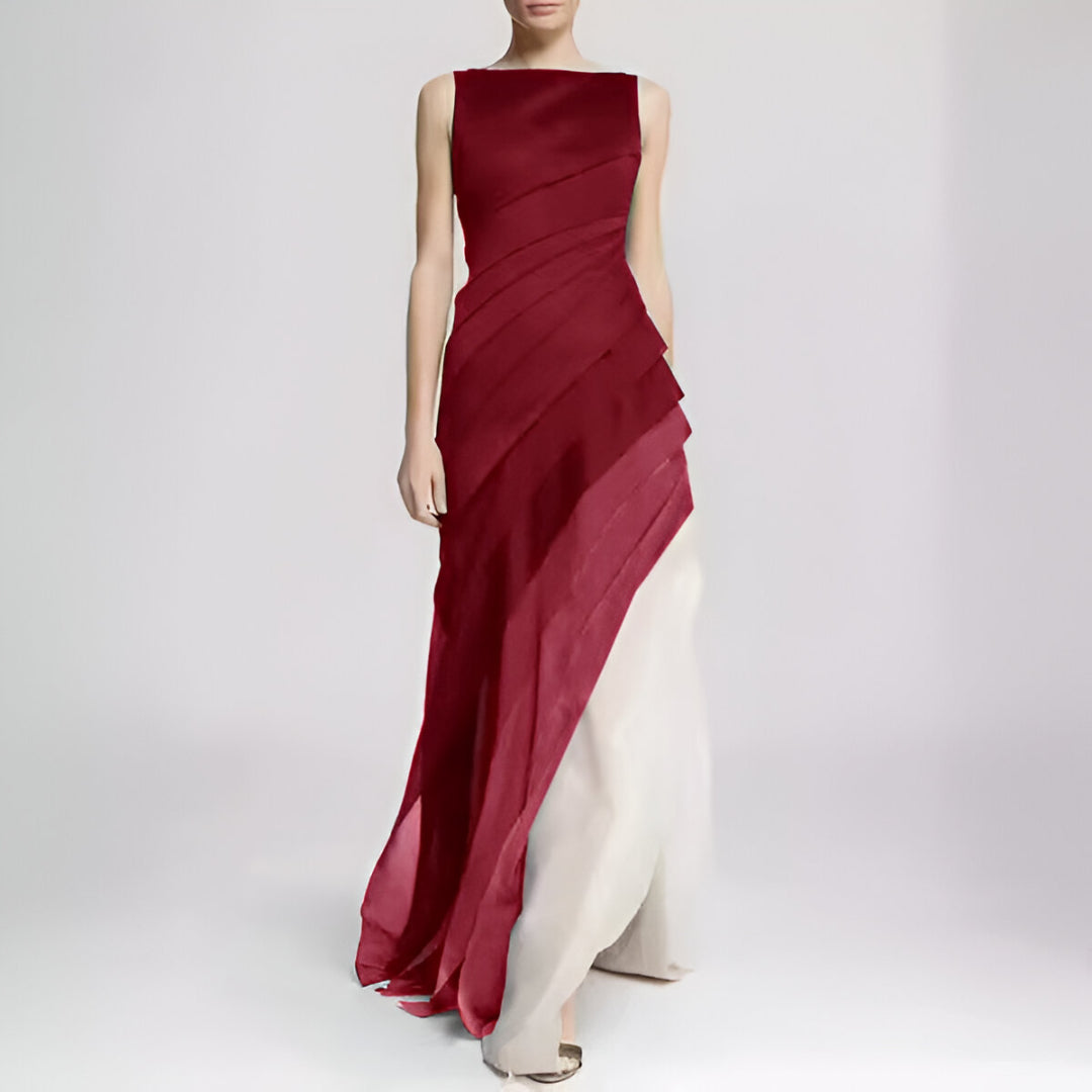 Women's Sleeveless Maxi Dress Flowing Layered Skirt - EveningMuse Red