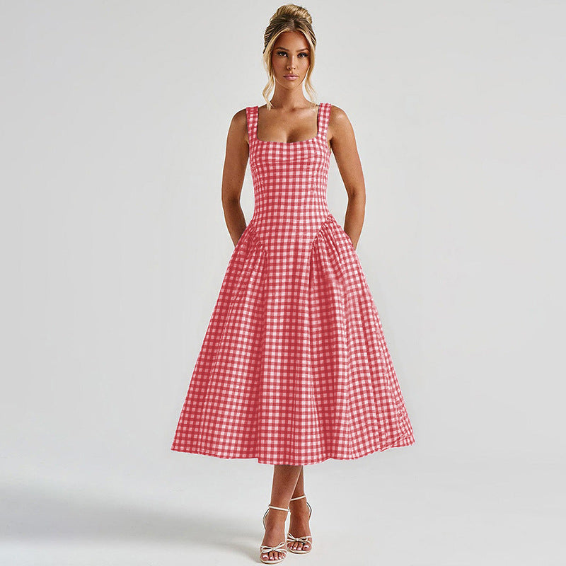 Women's Checkered Midi Dress - Elegant Princess Silhouette - Checkmate Charm Red