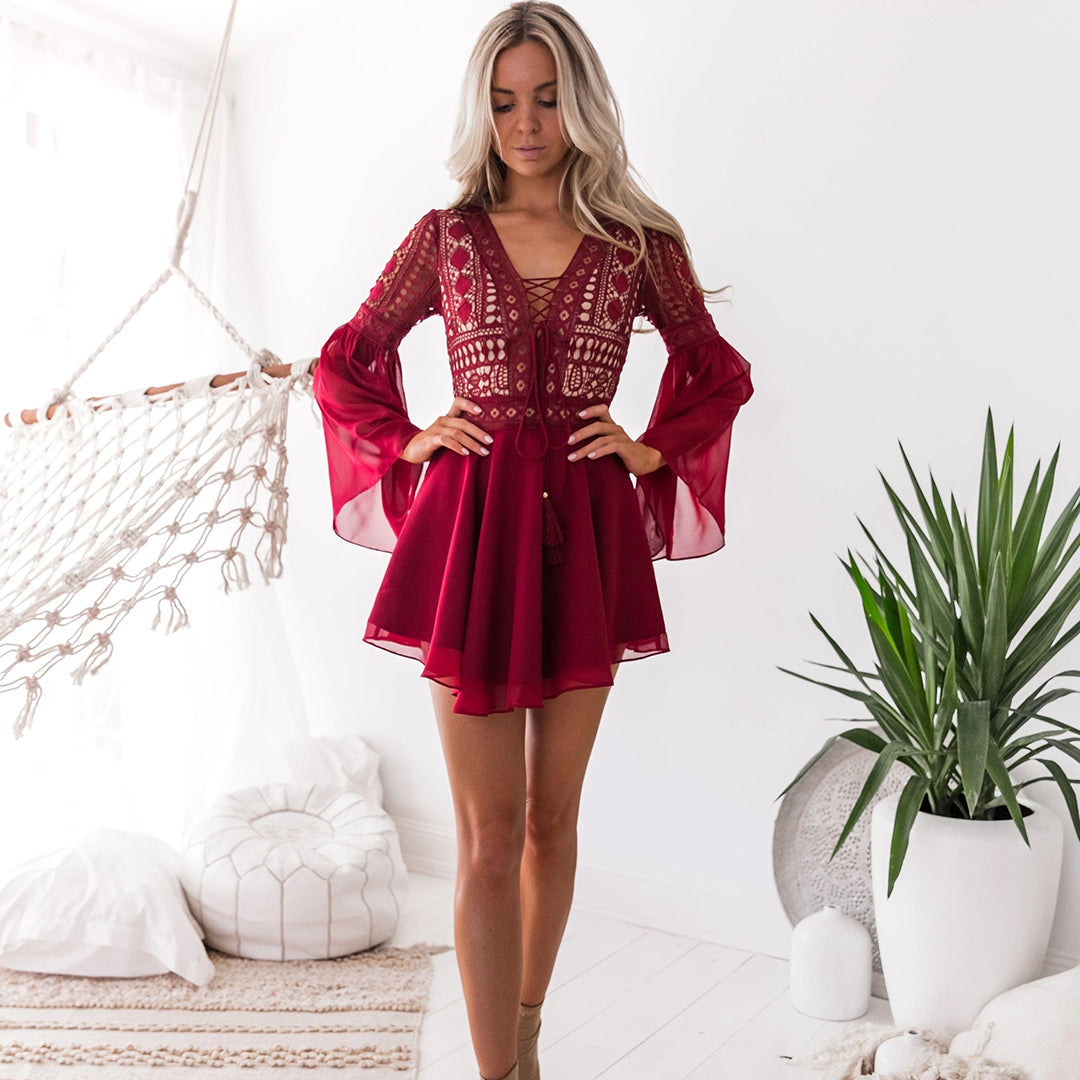 Women's Flowy A-Line Mini Dress Lace-Up V-Neck - LayeredCharm