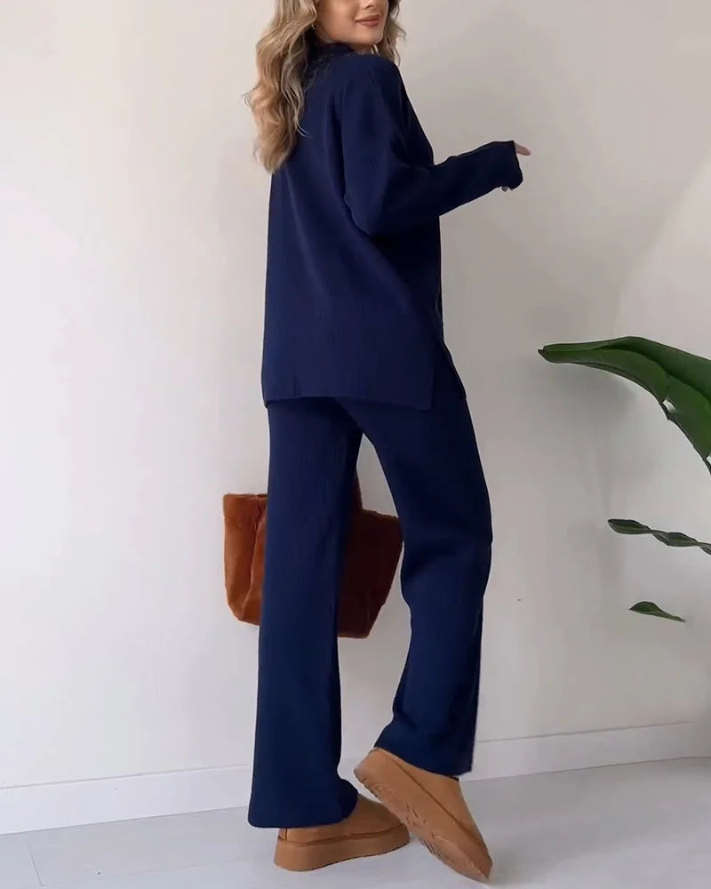 Women's Ribbed Knit 2-Piece Loungewear Set - CozyComfort