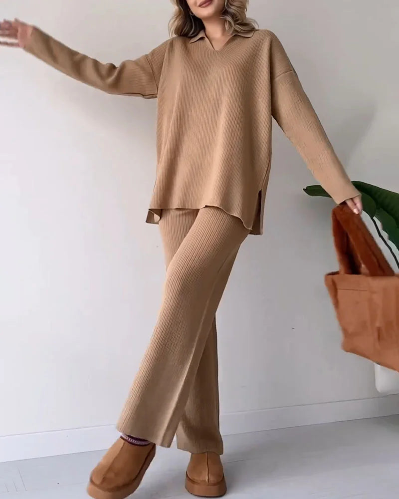 Women's Ribbed Knit 2-Piece Loungewear Set - CozyComfort Khaki
