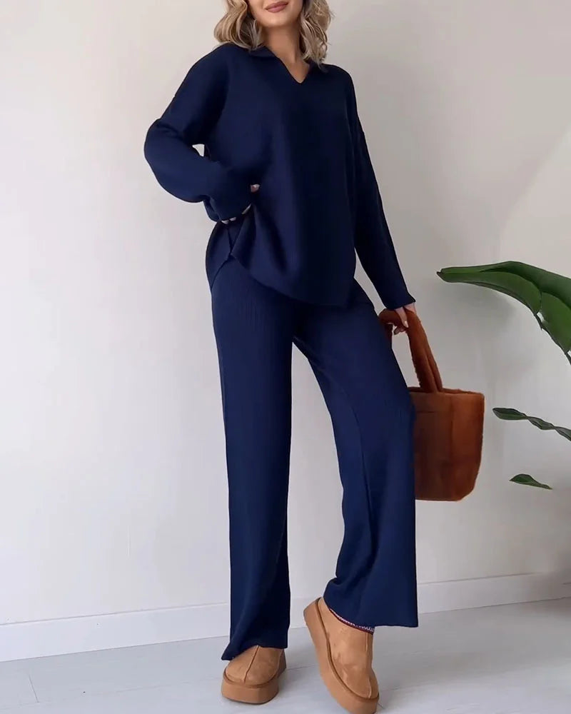 Women's Ribbed Knit 2-Piece Loungewear Set - CozyComfort Navy Blue