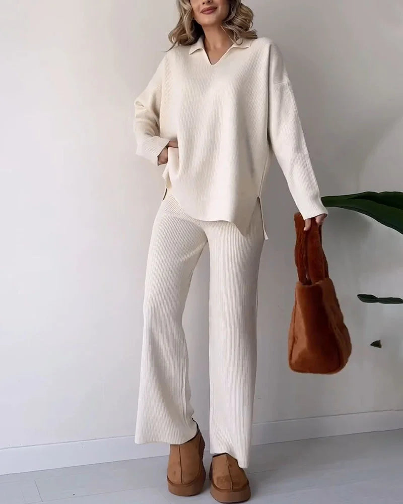 Women's Ribbed Knit 2-Piece Loungewear Set - CozyComfort White