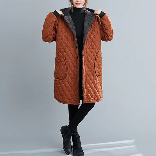 Women's Quilted Hooded Knee-Length Coat - Urban Warmth Orange