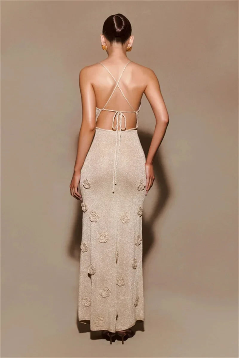 Women's Floral Embellished V-Neck Gown - Elegant Prom Dress - EveningBloom