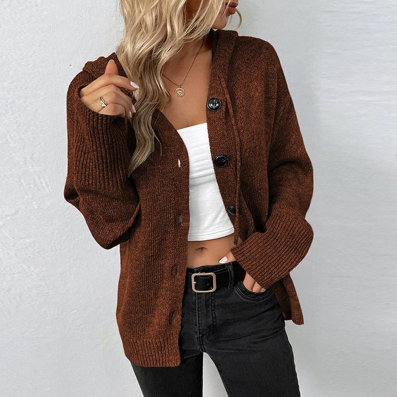 Women's Cozy Hooded Knit Cardigan - SnuggleWrap Brown