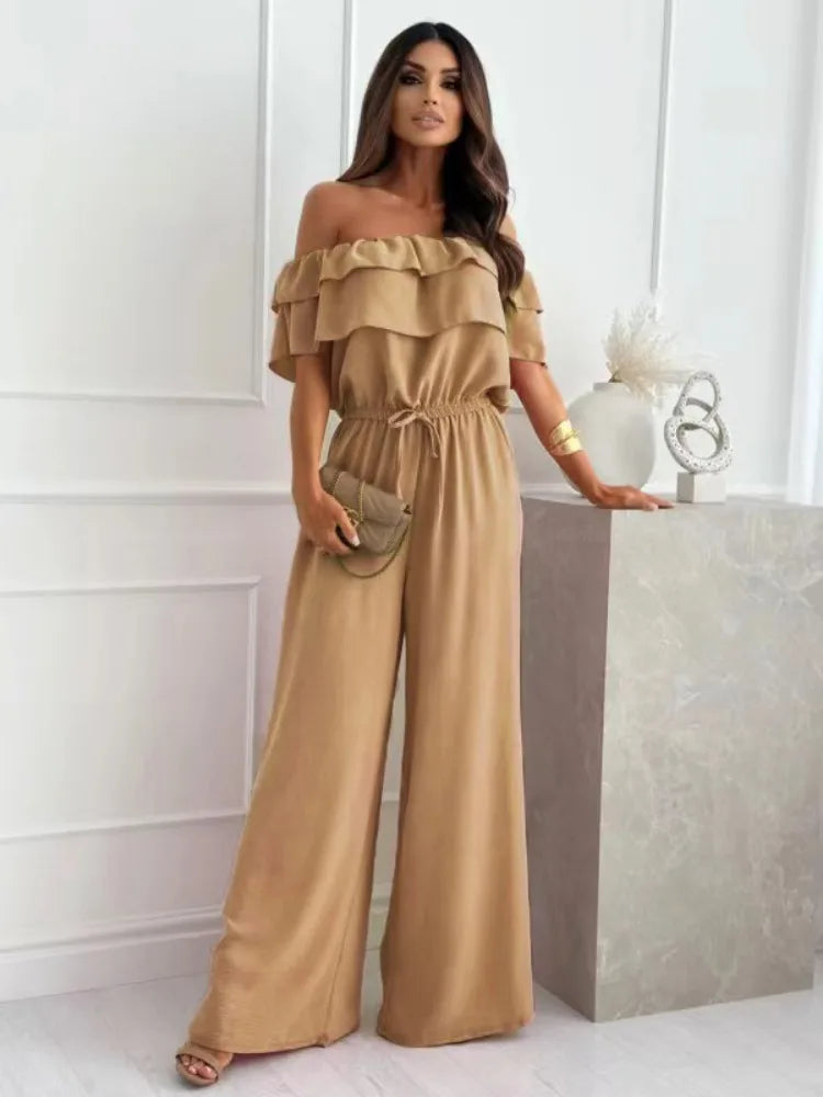 Women's Ruffled Off-Shoulder Jumpsuit - Chic Wide-Leg Romper - BellaForma Khaki