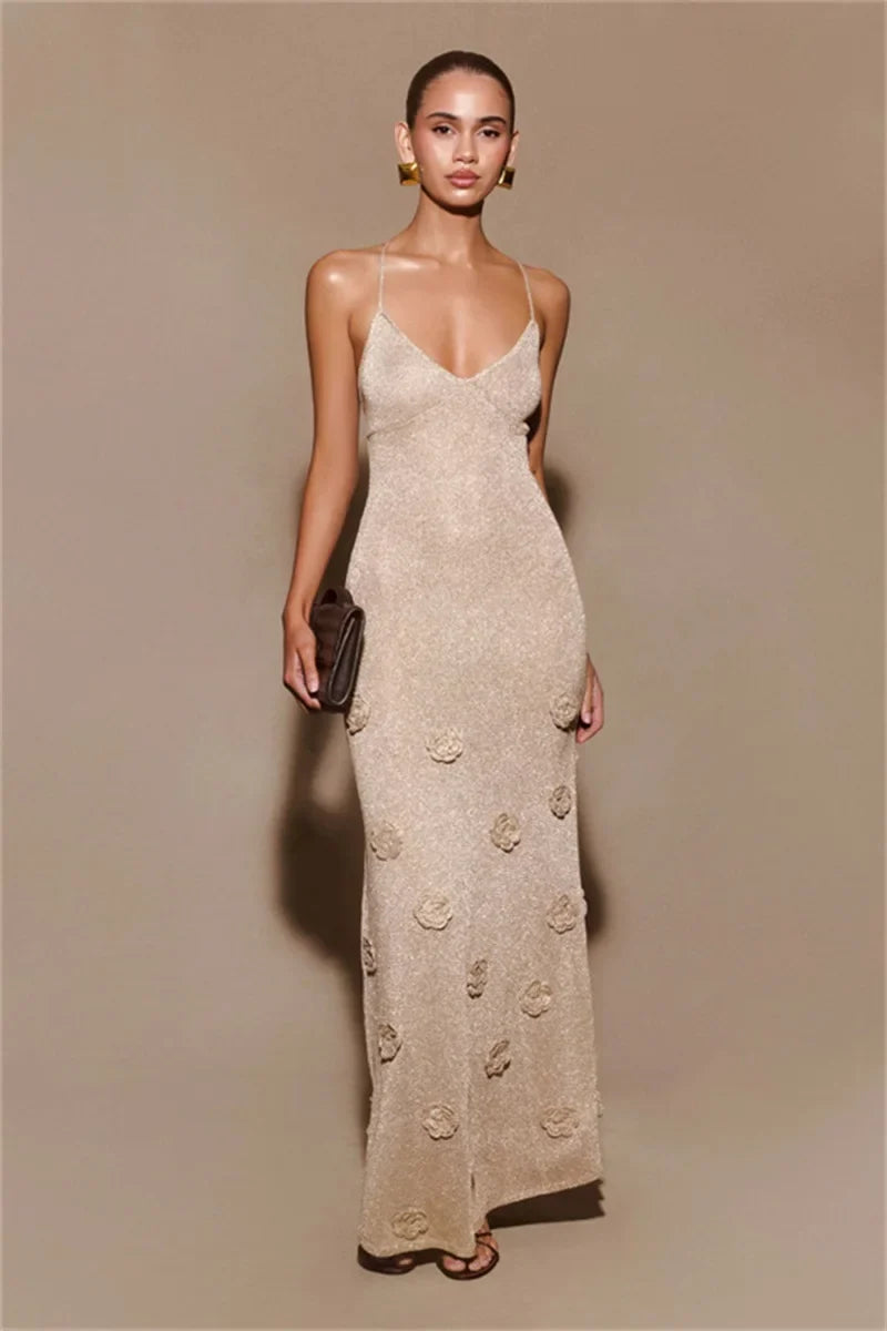 Women's Floral Embellished V-Neck Gown - Elegant Prom Dress - EveningBloom