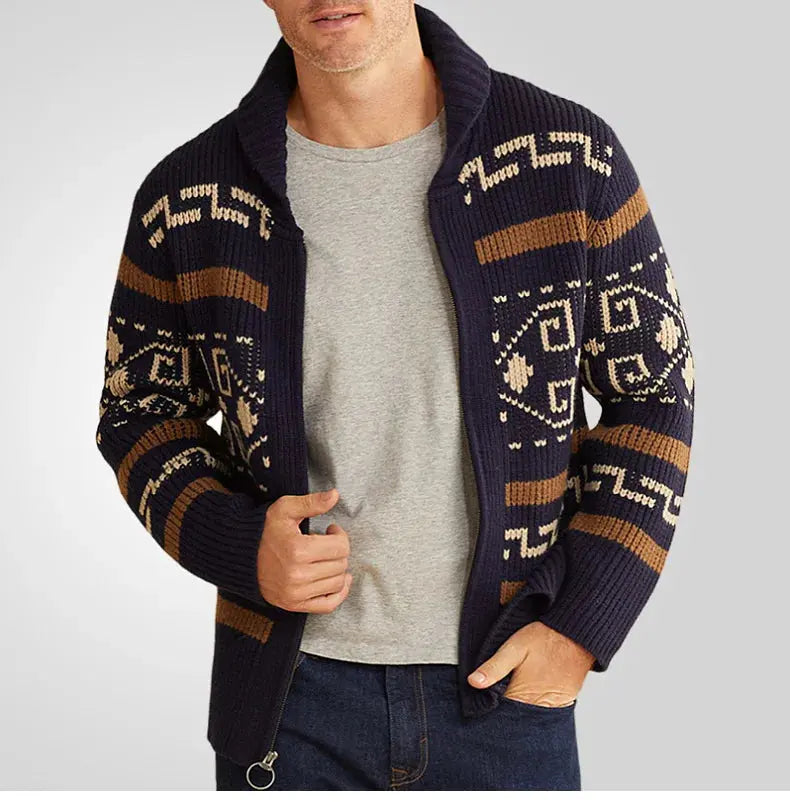 Men’s Cardigan Sweater – Slim Fit – Wool Knit – Zipper Front – Turn Down Collar Navy