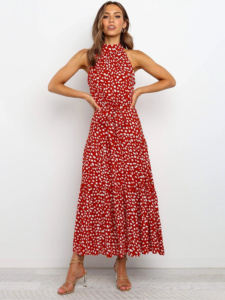 Women's Polka Dot Midi Dress - Flattering Fit, Flowy Halter - DotBloom Dark Red
