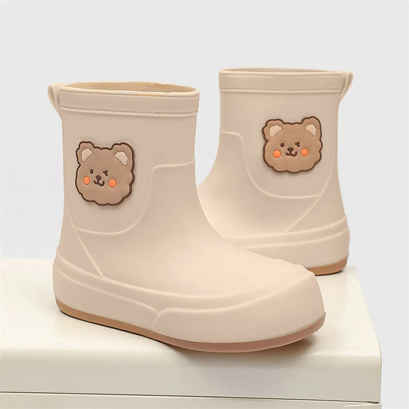 Women's Waterproof Ankle Rubber Boots Cute Bear Design - RainyDayz Beige