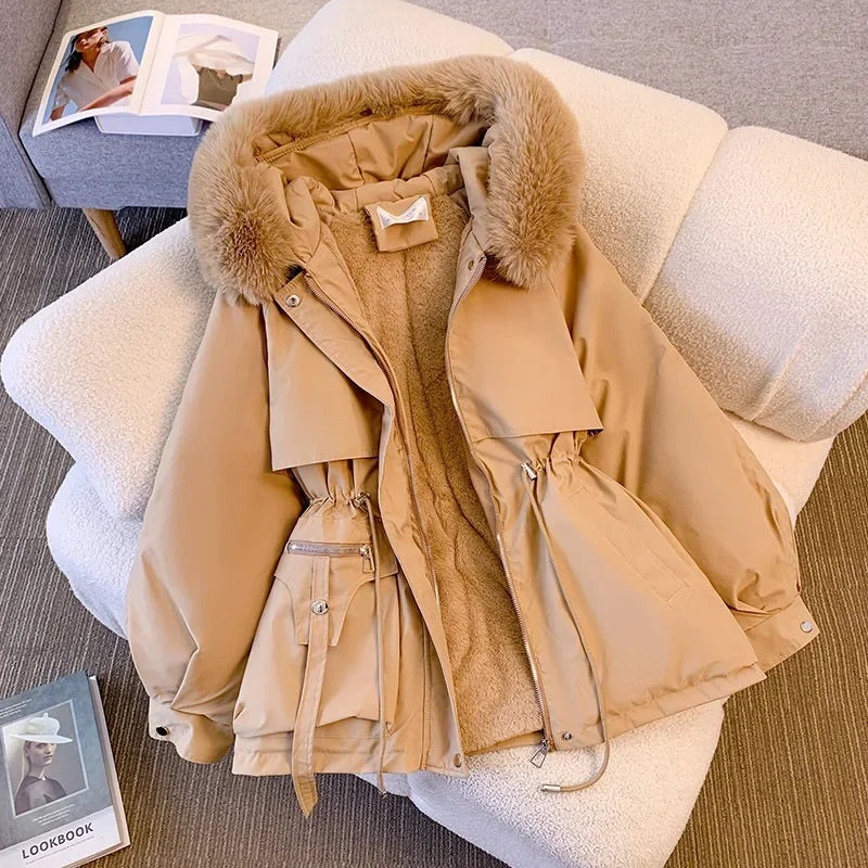 Women's Faux Fur Lined Hooded Coat - WinterWarm Khaki